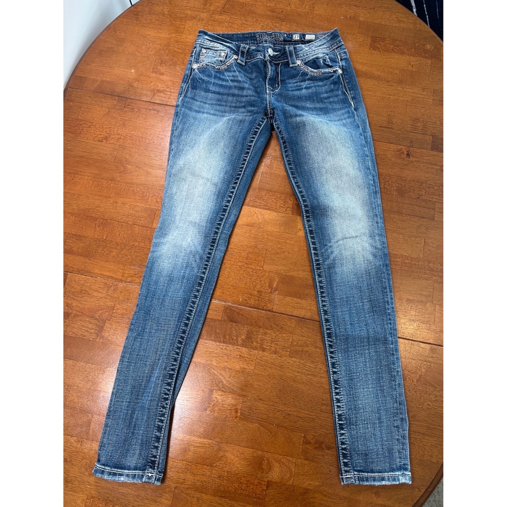 Miss Me Easy Skinny Jeans Women 27 Blue Mid Rise Distressed Embroidered